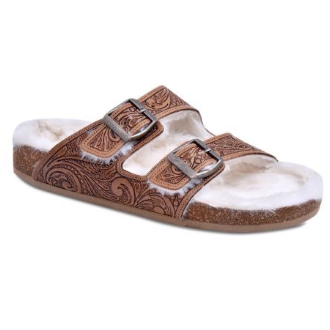 RIVER Tooled Leather Sandles With Fur Lining