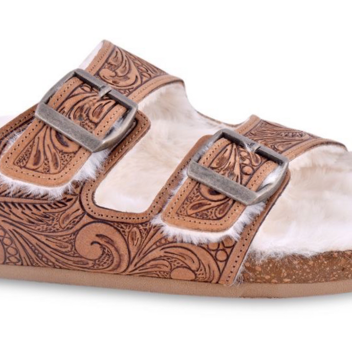 RIVER Tooled Leather Sandles With Fur Lining