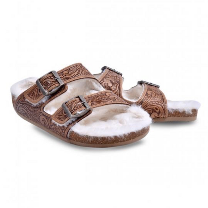 RIVER Tooled Leather Sandles With Fur Lining