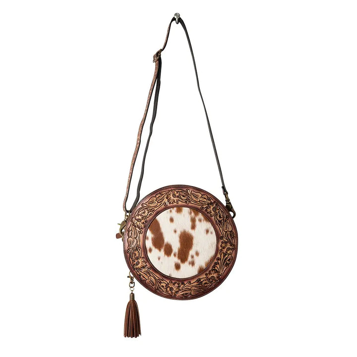 CC Round Tooled Leather and Cowhide Bag