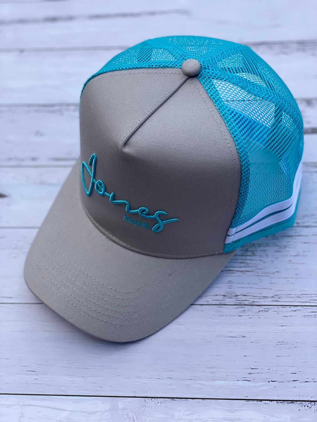 Grey and Teal High Profile Trucker Cap