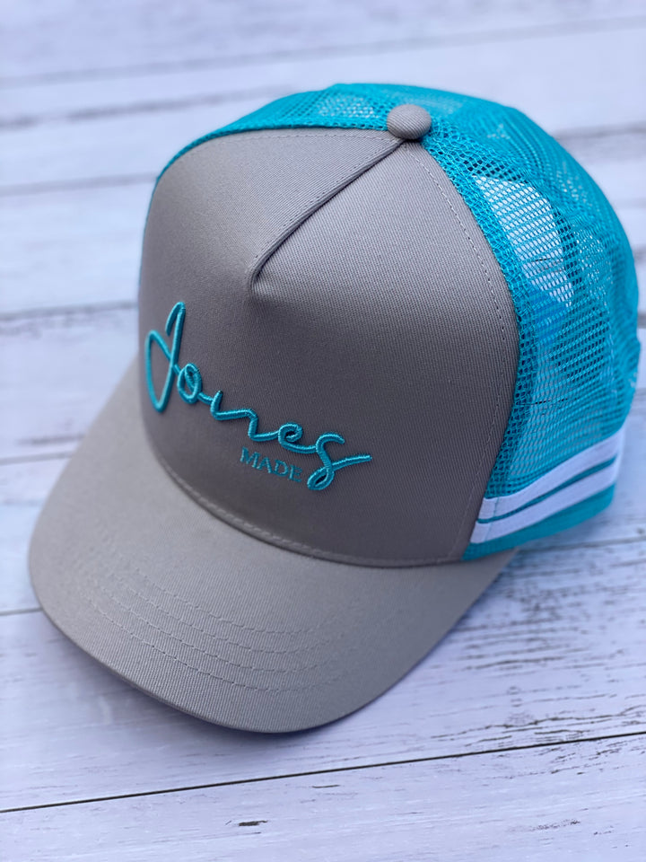 Grey and Teal High Profile Trucker Cap