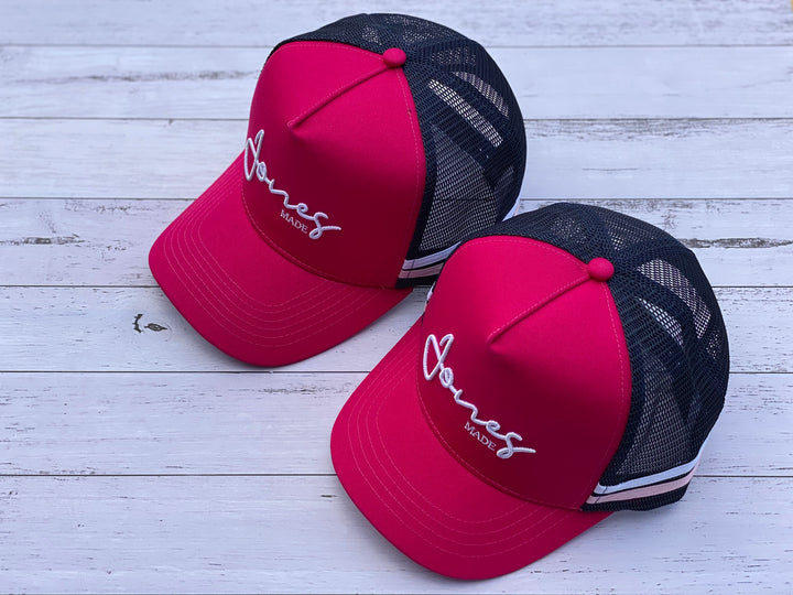 Hot pink and navy high profile trucker cap