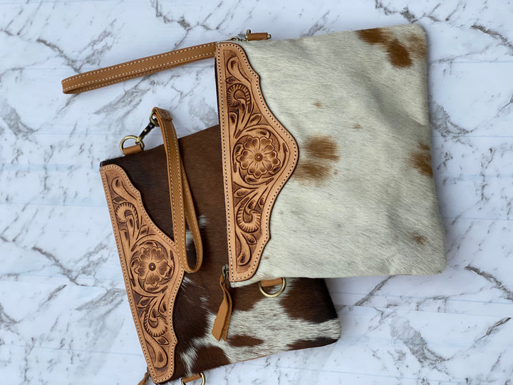 Tooled Leather and Cowhide Clutch