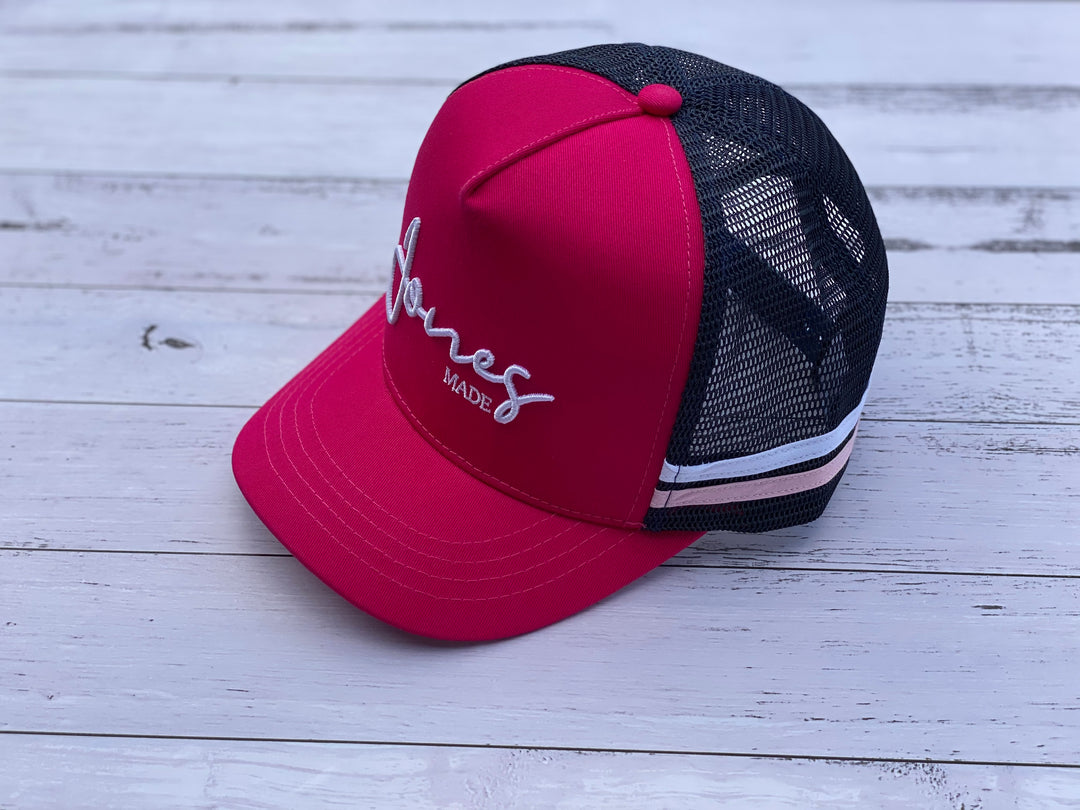 Hot pink and navy high profile trucker cap