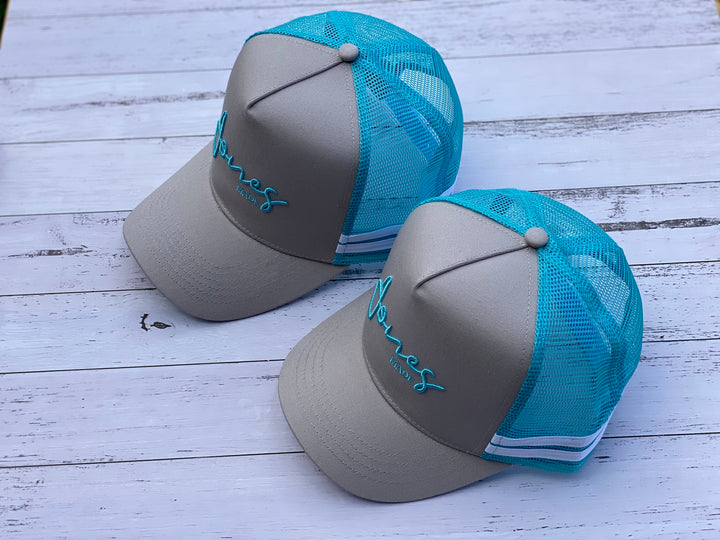 Grey and Teal High Profile Trucker Cap