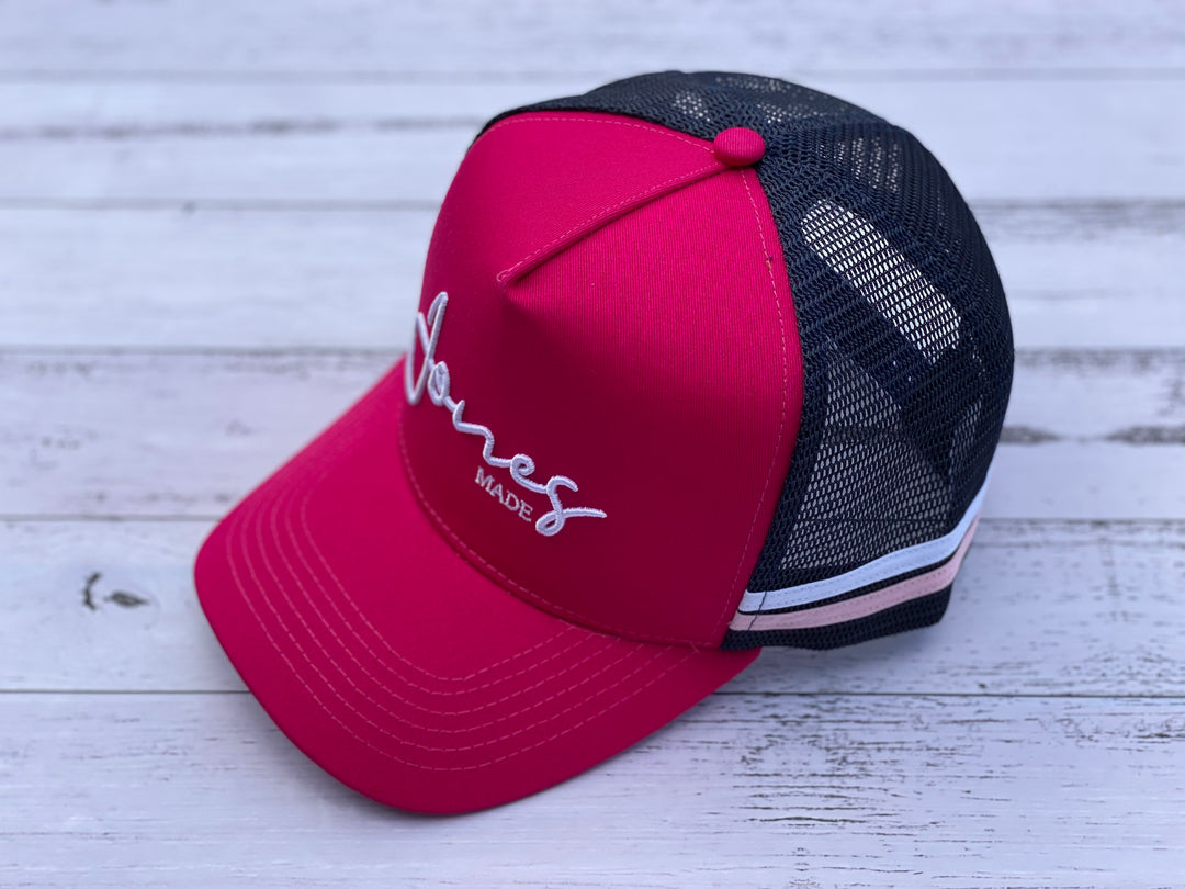 Hot pink and navy high profile trucker cap